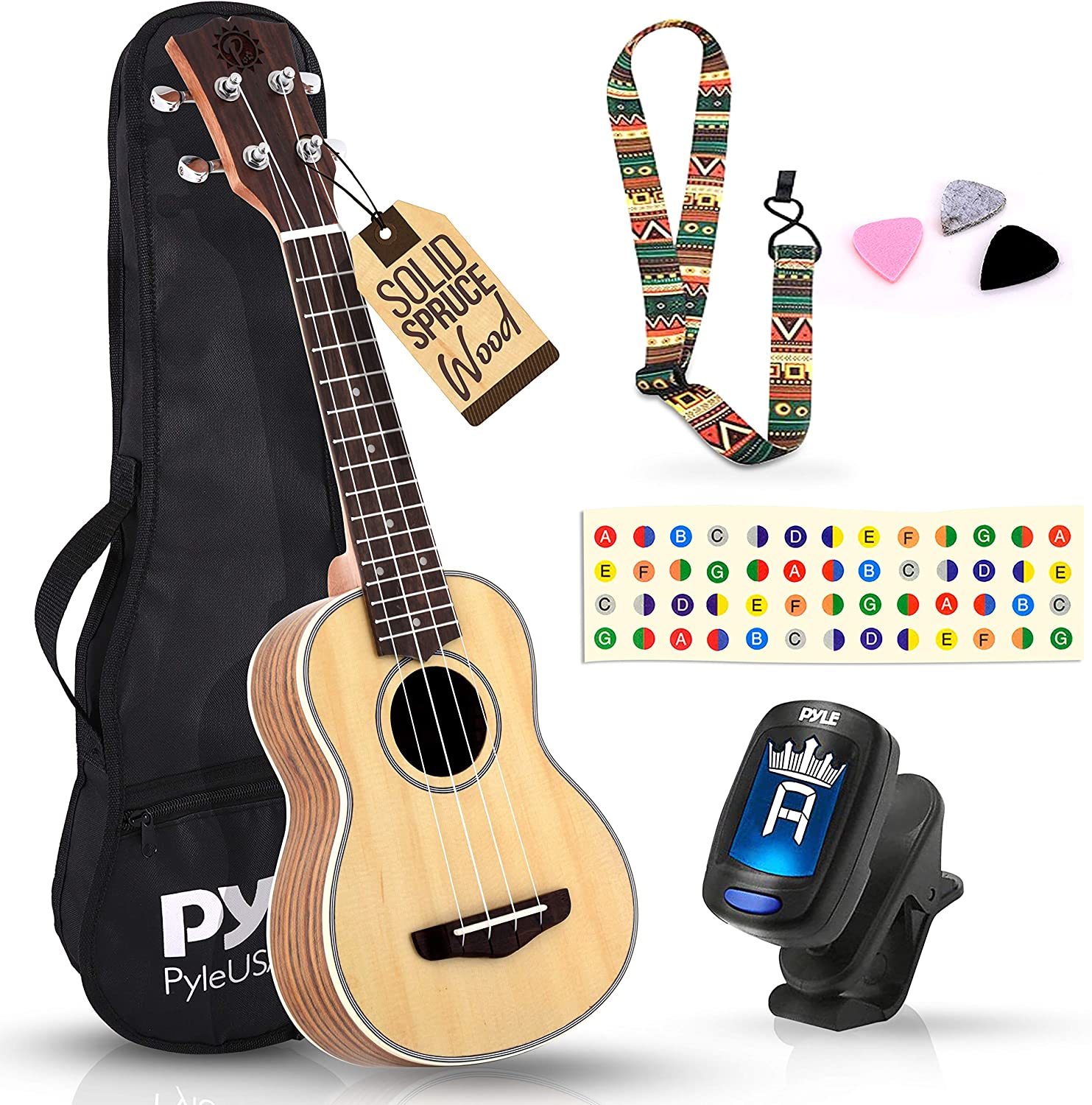 Pyle Solid Wood Spruce Soprano Ukulele 21&quot; Learn To Play Set -, And Picks. - $46.95