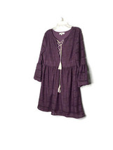Entro Size Small Purple Boho Dress Tassels Bell Sleeves Lace Up Lace Crochet - £20.13 GBP