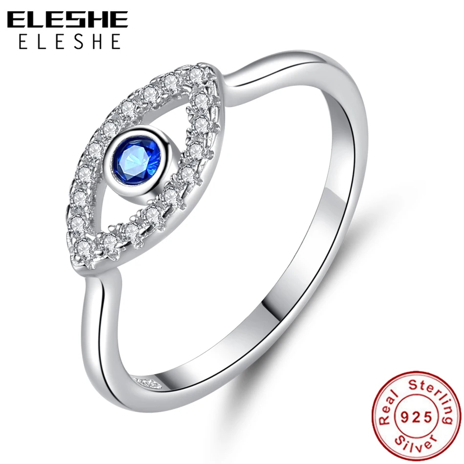 Genuine 925 Sterling Silver Lucky Eye Ring Blue CZ Wedding Rings For Women Turke - £17.82 GBP
