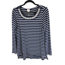 Cupio Womens Top Rhinestones Sequins Knit Stretch Striped Navy Blue White S - £7.85 GBP