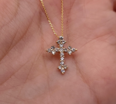 0.60Ct Moissanite Tester Pass Cross Necklace Free Chain 14K Yellow Gold Plated - £110.45 GBP