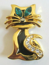 CAT Brooch Pin Modernistic Gold Tone Black Enamel Body Green Rhinestone Eyes - $22.95