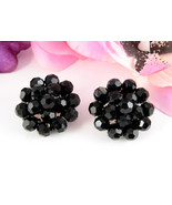 BLACK GLASS Beaded Clip On EARRINGS Vintage Silvertone Round Faceted Bea... - $19.02