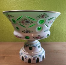 Antique Hand Painted Bohemian Czech Moser Opaline Cut to Green Crystal Cup Vase - £265.04 GBP