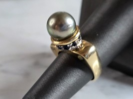 Womens Vintage Estate 14K Gold Pearl &amp; Sapphire Ring 9.4g E7388 - £847.64 GBP