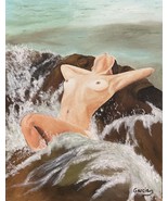 Original Oil Painting, Female Nude On Rock Facing Ocean &quot;Ocean Breeze&quot; (... - £102.26 GBP