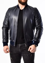 Black Men&#39;s Leather Bomber Jacket Lambskin Soft Leather Handmade Biker Jacket - £86.69 GBP+