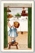 Thanksgiving Day Greetings Girl Rings Dinner Bell Postcard V21 - £4.68 GBP