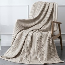 Phf 100% Cotton Waffle Weave Throw Blanket - 410Gsm Washed, Light Khaki/Linen. - £27.13 GBP