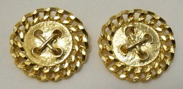 MARLA BUCK Vintage 80&#39;s Gold Tone BUTTON CHAIN Statement EARRINGS Clip On - £31.86 GBP