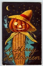 Halloween Postcard Corn Cob Man Anthropomorphic Moon Stars Embossed Fantasy 1909 - £52.54 GBP