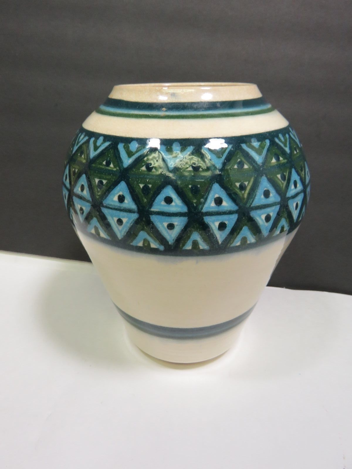 Primary image for Lovely Mid Century Studio Pottery Vase 7.5" Geometric Blue Green Design Signed