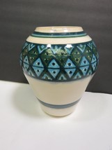 Lovely Mid Century Studio Pottery Vase 7.5&quot; Geometric Blue Green Design Signed - £52.55 GBP
