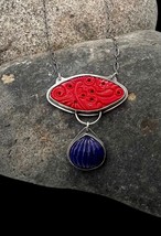 Signed Sterling Silver Simulated Carved Coral Lapis Floral Pendant Necklace - £27.59 GBP