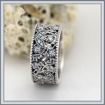  Wedding Band of Encrusted CZ Shimmering Leaves Antique Finished 925 Silver Ring image 2