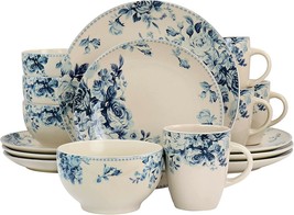 Elama Traditional Desert Rose 16 pc Round Stoneware Taupe Blue Dinnerware Set - £52.53 GBP