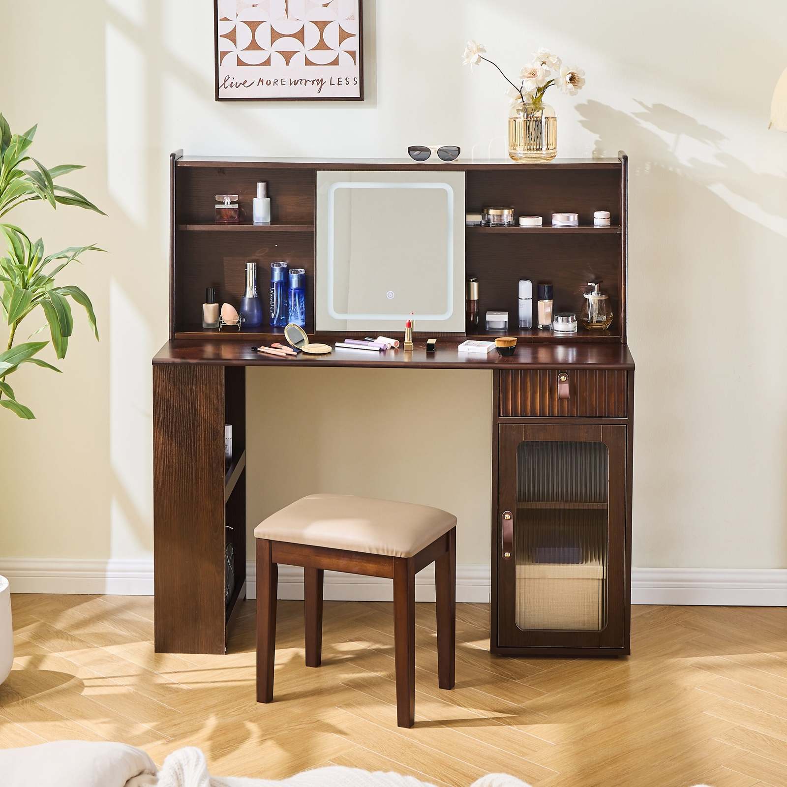 Modern Walnut Makeup Vanity Desk: Lighted Mirror & Storage Item image 2