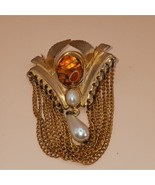 Vintage Goldtone Art Deco Brooch Faux Amver and Pearl - €10,42 EUR