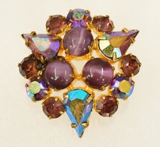 Vintage Costume Jewelry AB Purple Rhinestone Cushion Brooch Pin Gold Ton... - $19.79