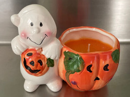 White Ceramic Ghost with Orange Jack O Lantern Pumpkin Figurine With Candle - £7.90 GBP