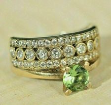 3Ct Round Cut Peridot &amp; Diamond Female Cluster Wedding Ring 14k Yellow Gold Over - £87.69 GBP
