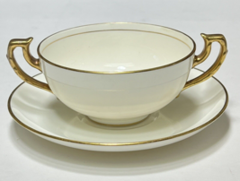 Antique Minton White Gold Trim Line Double Handle Cream Soup Bowl w/ Underplate - £29.38 GBP