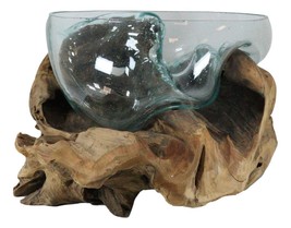 Balinese Handicraft Natural Driftwood With Large Glass Fruit Succulents Bowl - £137.48 GBP