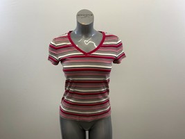 Denver Hayes Soft Women&#39;s V Neck T Shirt Medium Red Gray Striped Short Sleeves - £7.71 GBP