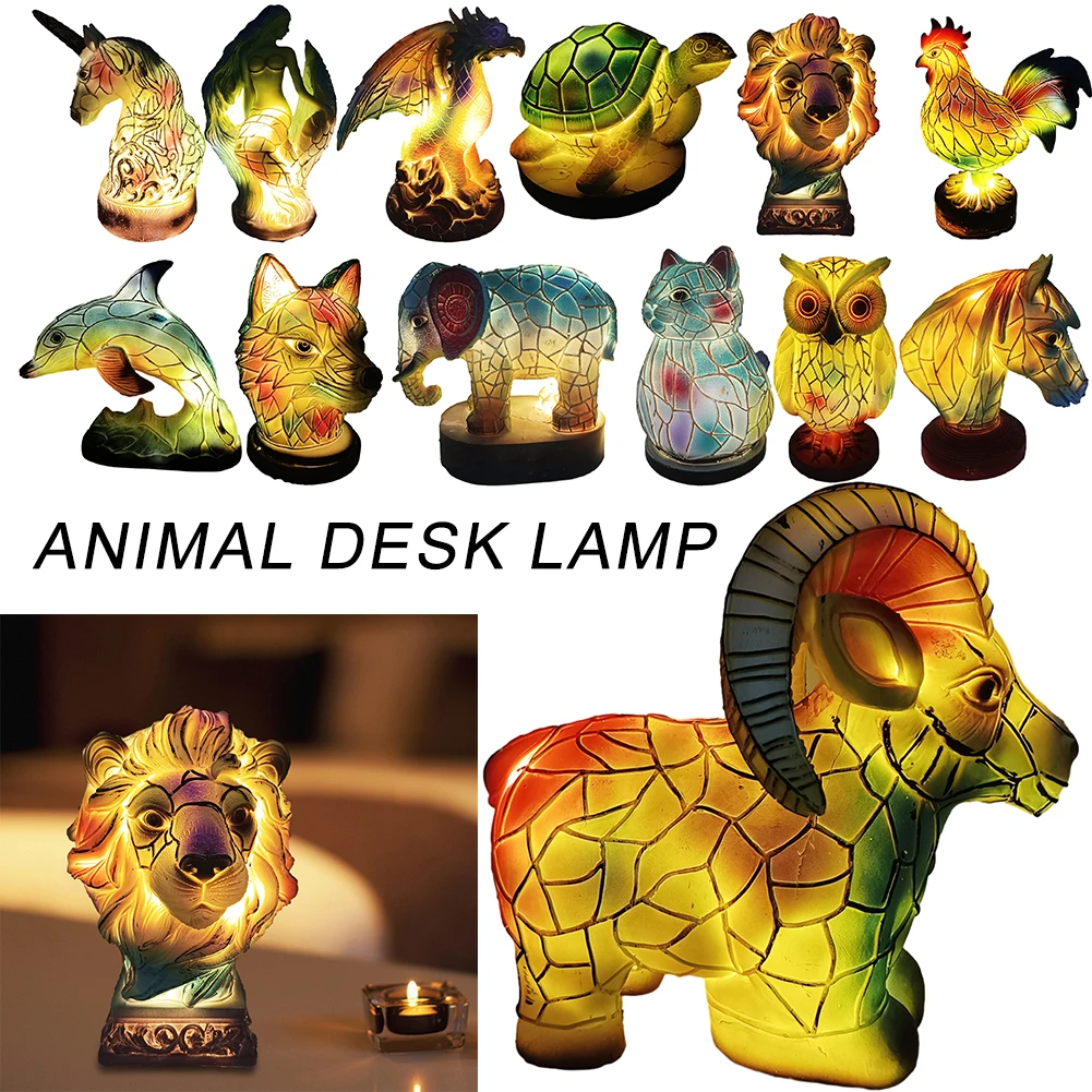 Animal Table Lamp Resin Unicorn Mermaid Sea Turtle Stained Glass Table Light Owl - £16.65 GBP