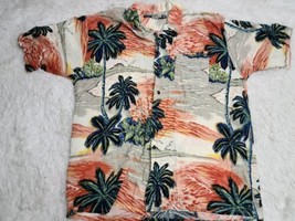 Ocean Current Hawaiian Shirt XL Palm Trees Sunset Sunrise Mountains Seagulls VTG - £7.40 GBP