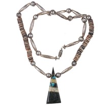 1970&#39;s Santo Domingo Sterling/shell necklace w/ brass inlaid pendant - £137.96 GBP