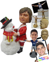 Personalized Bobblehead Man Wearing Santa Claus Outfit Posing With A Snowman - H - £187.93 GBP