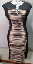 Connected Apparel Dress Women Size 10 Black Striped Polyester V Neck Back Zipper - £21.65 GBP