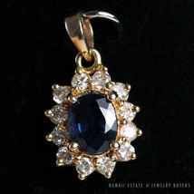 Vintage 1CT Sapphire &amp; Diamond Halo 14K Yellow Gold Mini Charm Pendant - £283.41 GBP