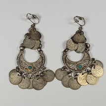 Vintage Coin Dangle Clip Earrings Hippie Boho Drop Silver Tone Gaudy Jingle - £6.85 GBP