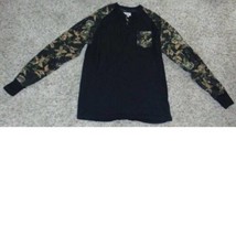 Mens Shirt Henley Winchester Black Camouflage Long Sleeve Crew Tee-size L - £15.03 GBP