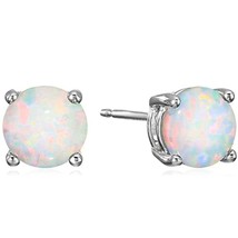 925 Sterling Silver Round Cut Simulated Opal Birthstone Solitaire Stud Earrings - £30.79 GBP