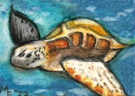 Original Oil Pastel Painting ACEO Sea Turtle Miniature Art Trading Card ATC - £15.89 GBP