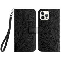 For iPhone 13 Pro Max Tree Birds Embossed Pattern Leather Phone Case(Black) - £3.94 GBP