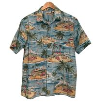 Mens Hawaiian XL Camp Shirt Button Up Palm Trees Woody Huts Sailboats Co... - $14.80