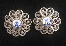 Vintage Filigree SS Screw Back Earrings Hand Painted Holland Windmill Delft - £7.07 GBP