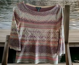 LRL RALPH LAUREN KNIT PULLOVER BLOUSE SIZE M LINEN BLEND FALL COLORS - £15.12 GBP