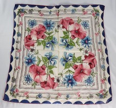 Vintage Linen Floral Handkerchief Navy Blue Red Trim Flowers - £25.83 GBP
