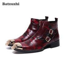 Fashion Men Boots Gold Iron Toe Men&#39;s Leather Boots Ankle Buckles Red Party Wedd - £153.66 GBP