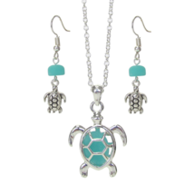 Sea Glass Turtle Pendant Necklace and Earrings Set Silver Rhodium - £11.16 GBP