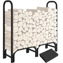4Ft Firewood Log Rack Fireplace Iron Log Holder For Outdoor W/ Waterproof Cover - £69.60 GBP