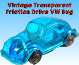 Vintage 1960&#39;s VW Bug Friction Drive Toy, Transparent Blue Body, Lithogr... - $26.99