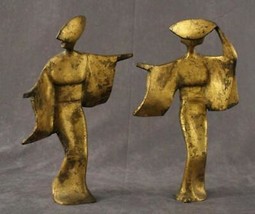 Mid Century Modern 2PC Cast Iron Statues Japan Asian SADO Island Mask Dancers - £160.84 GBP