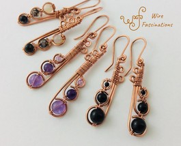 Handmade Copper Earrings Music Notes Wire Wrapped with Round Stone - £23.18 GBP