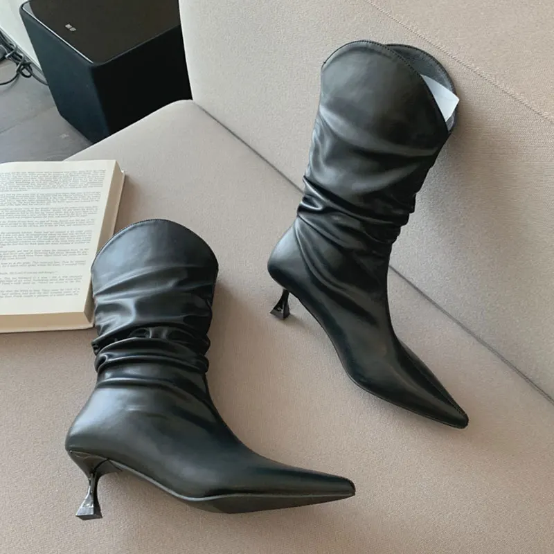 New  Women Boots Woman Pointed Toe Thin Mid-Calf Heels Boots  Pleated Ladies Wes - $132.60